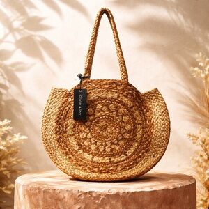Chloe & Lex Round Woven Jute Tote Shoulder Bag Boho Vacation Summer Beach NWT